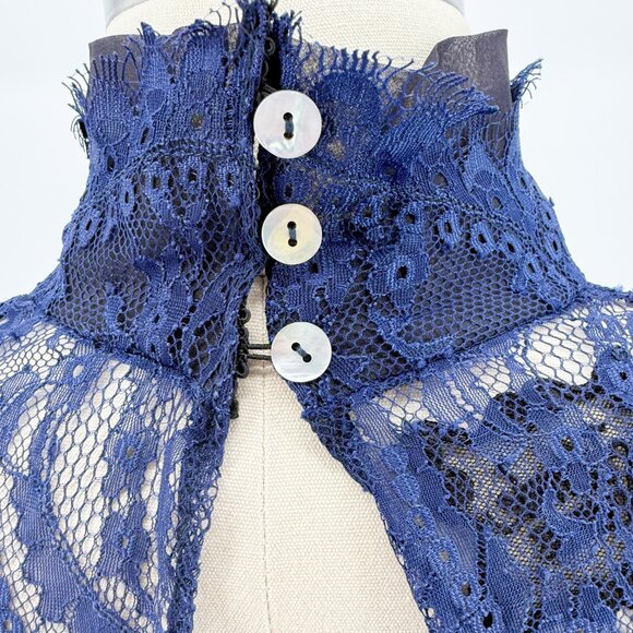 Romantic Lace Sheer Mesh Long Sleeve Layering Top  Blouse Mock Neck S Blue - Picture 5 of 7